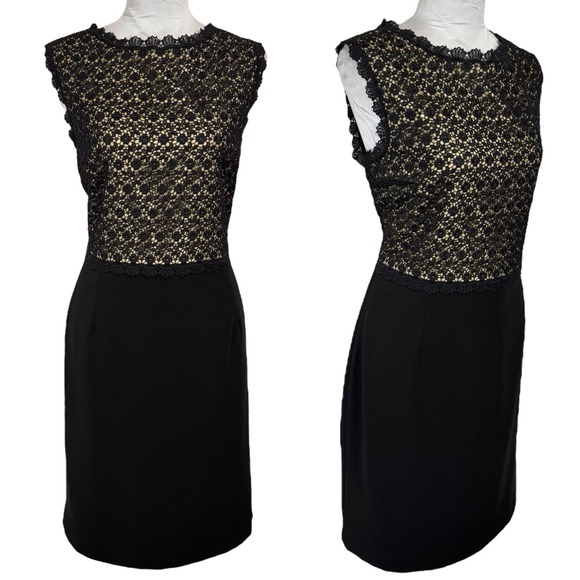 NEW Ivanka Trump Sleeveless Sheath Dress Size 16 Black Beige Floral Crochet Chic - Picture 1 of 14